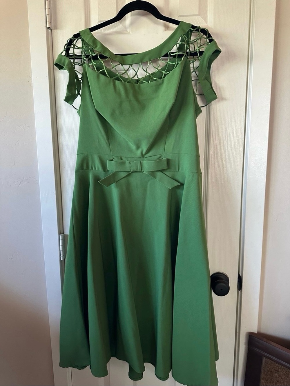 Tatyana Green Fit-and-Flare Midi Dress with Lattice Yoke and Bow